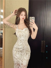 Hnewly Lace Hollow Out Spaghetti Strap Dress Women Split V Neck Spring Summer Sexy Mini Dresses
